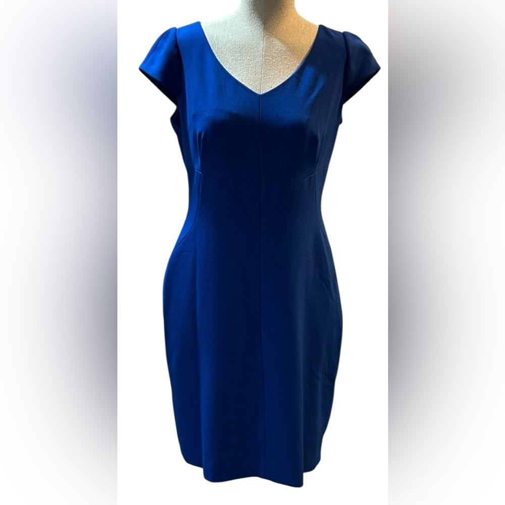 Tahari Blue V-Neck Career Midi Dress Size 6 - Picture 2 of 10